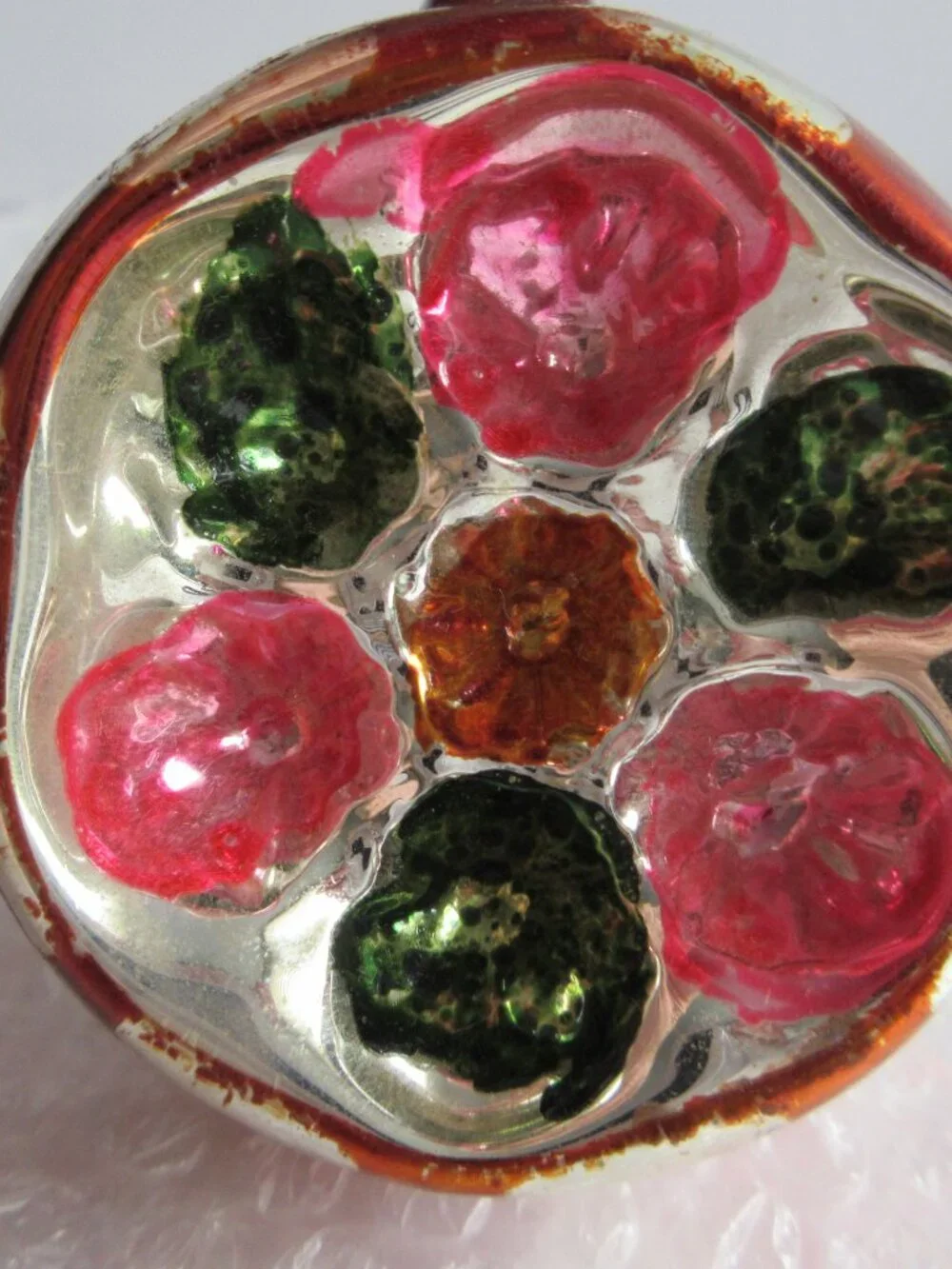 German Indent Glass Reflector Christmas Ornament Lot of 2 Pink Green Silver Vtg